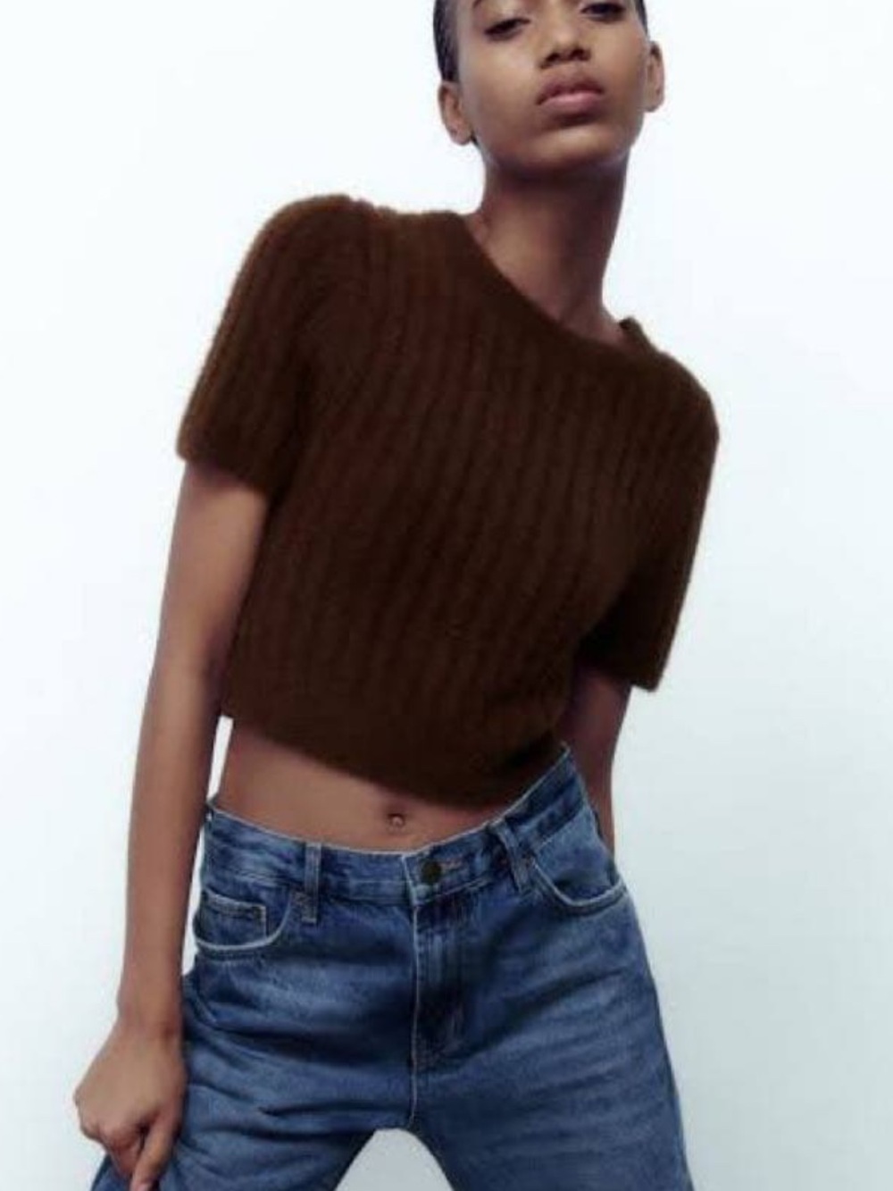 Zara Fuzzy Ribbed Short-Sleeve Crop Top - Brown